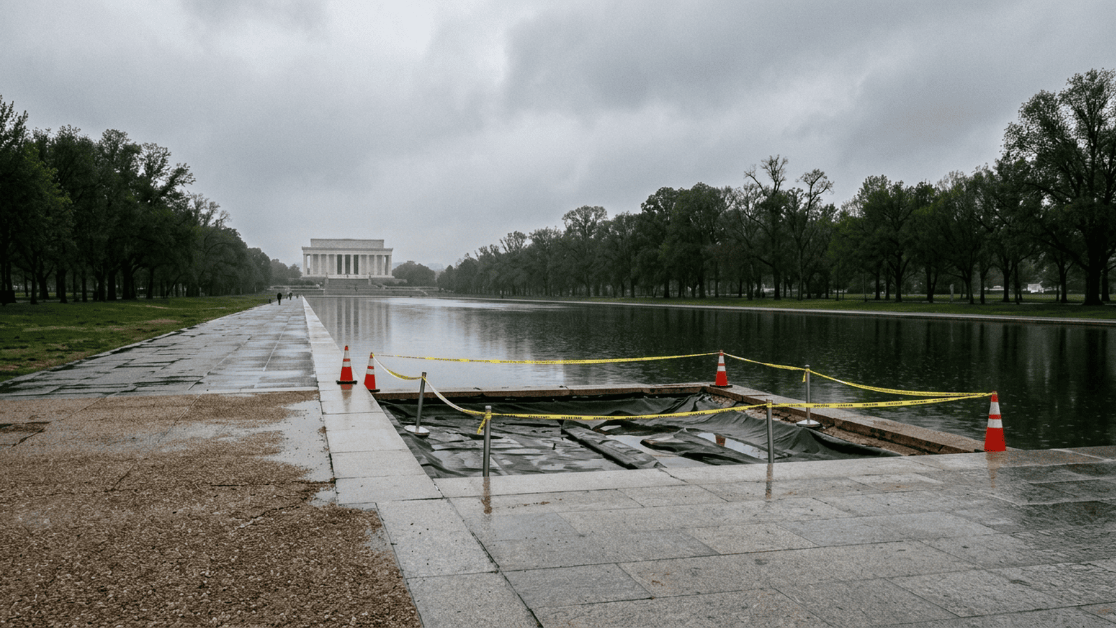The Lincoln Memorial Reflecting Pool with a section of its liner near a temporary barrier.