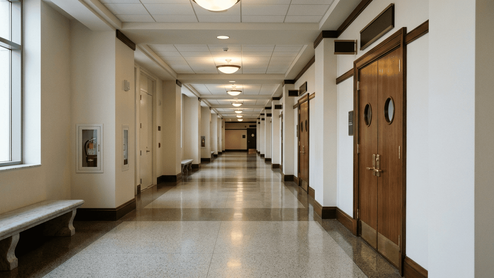 912460989a420420849a4c52ef8b986821fe44ef28c14ff71809a463d8034602 An empty courthouse corridor representing the upcoming federal court appearance in Miami.