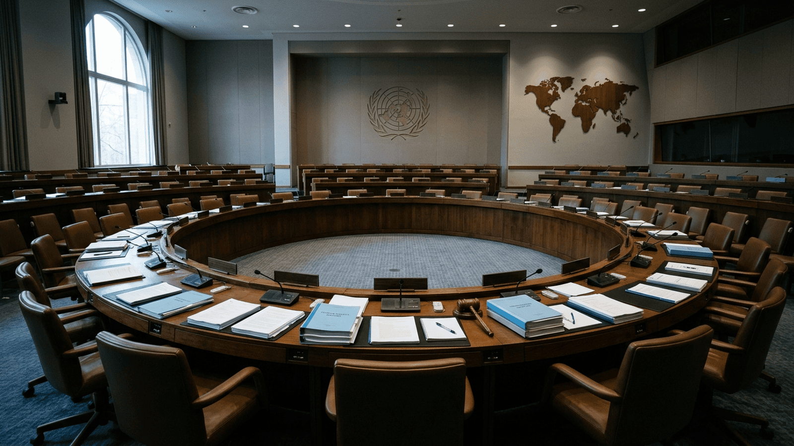 An empty international conference chamber prepared for a human rights discussion.
