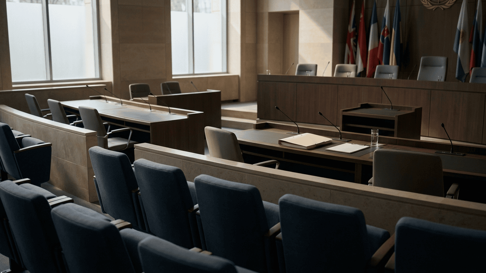 91987df554a14110a6f18fcf5e33d4c79b5c71586350492bc5cb2a18f1550b5d An empty international tribunal chamber with an unmarked folder on a desk.