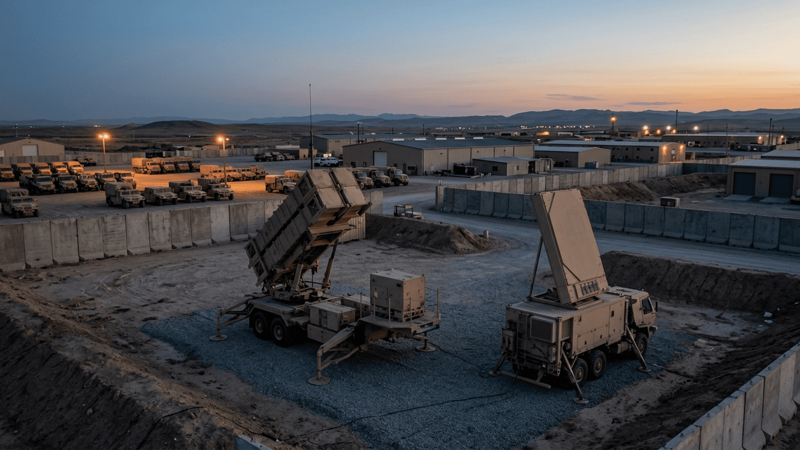 A Patriot missile defense launcher and radar vehicle stand at a military base at dusk.