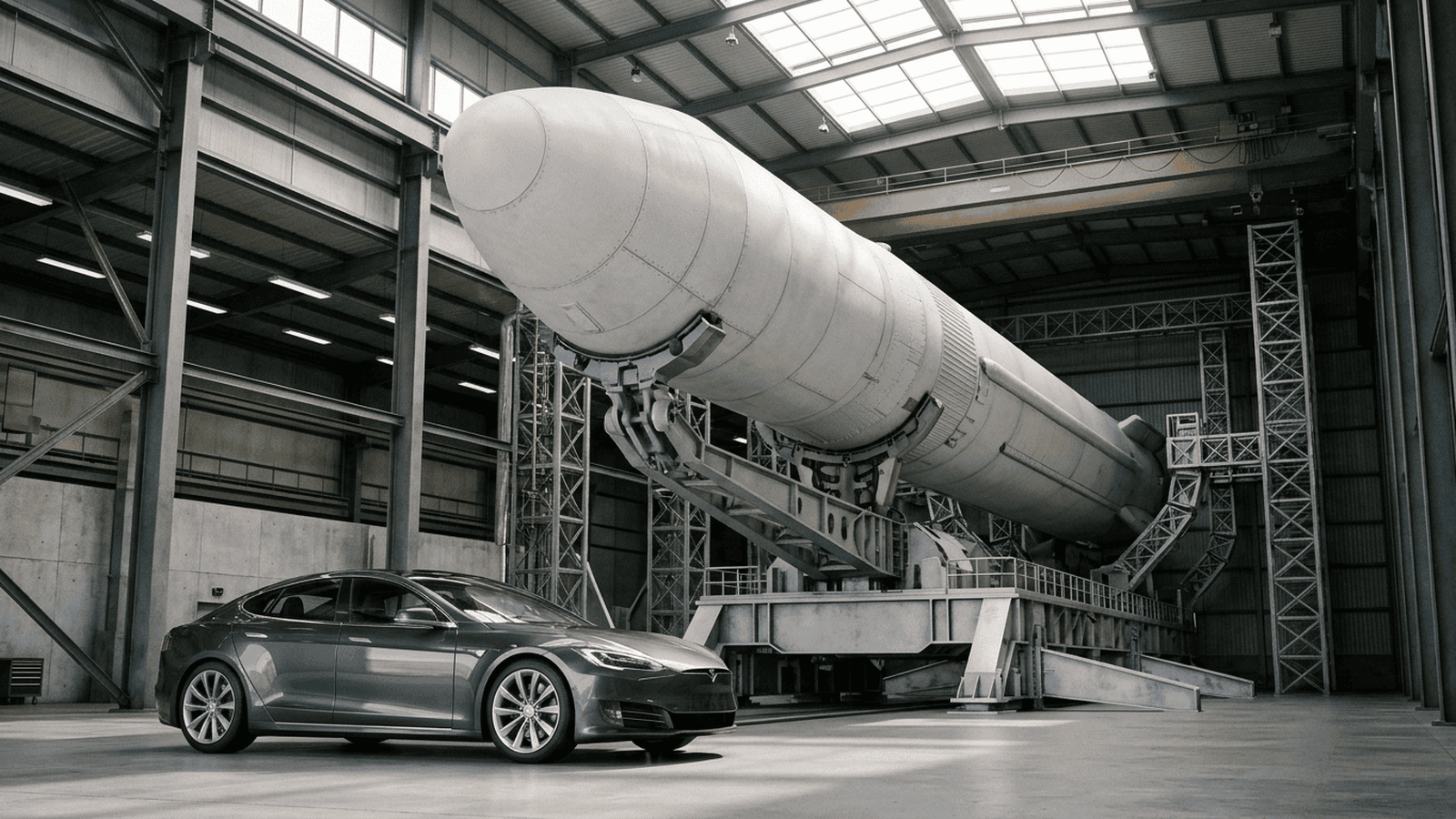 An electric vehicle sits in a hangar beneath a large rocket.