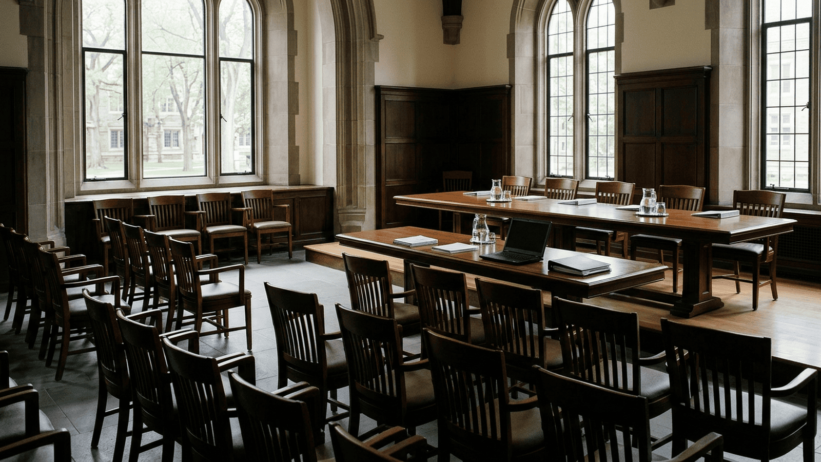An empty university meeting room with chairs facing a conference table.