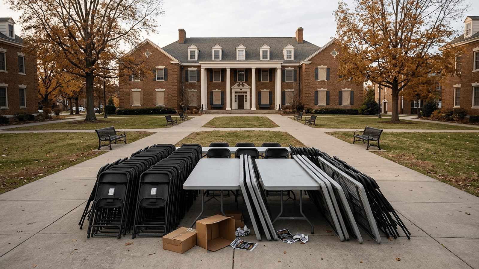 An empty campus courtyard with folded event chairs outside a fraternity-style building.
