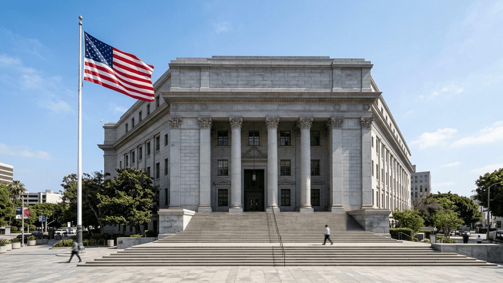 The exterior of a federal courthouse in Los Angeles with a United States flag nearby.