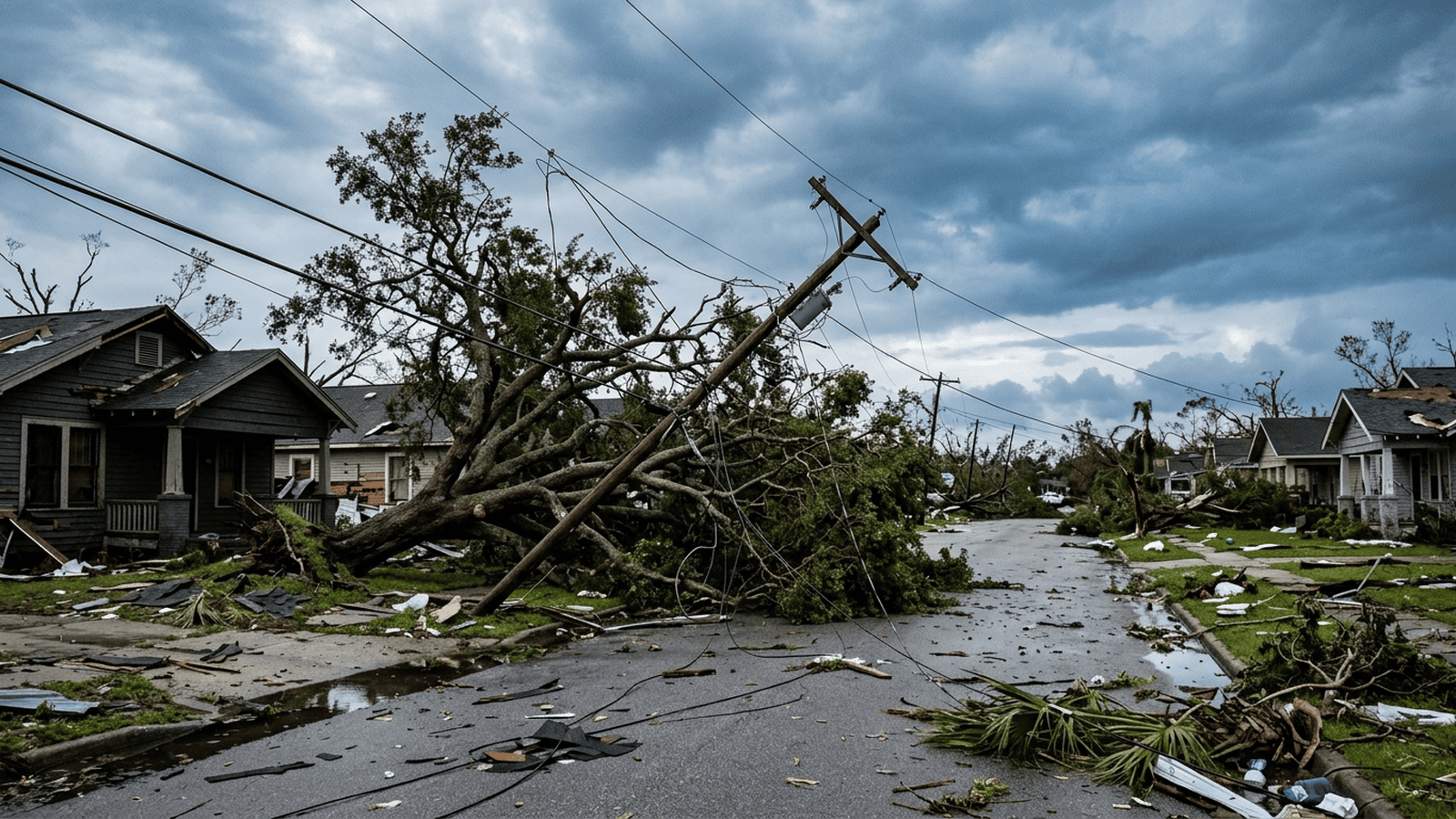 A fallen tree and storm debris lie near utility lines in an overcast Gulf Coast neighborhood.