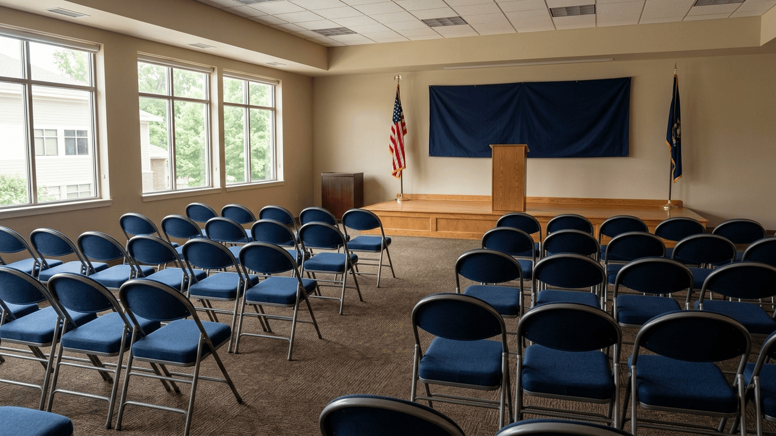 9fb5b239b050ef499a870e959fc2943455edad8918d500b3f227aa52c398c574 An empty suburban meeting hall is set up with chairs facing a lectern.