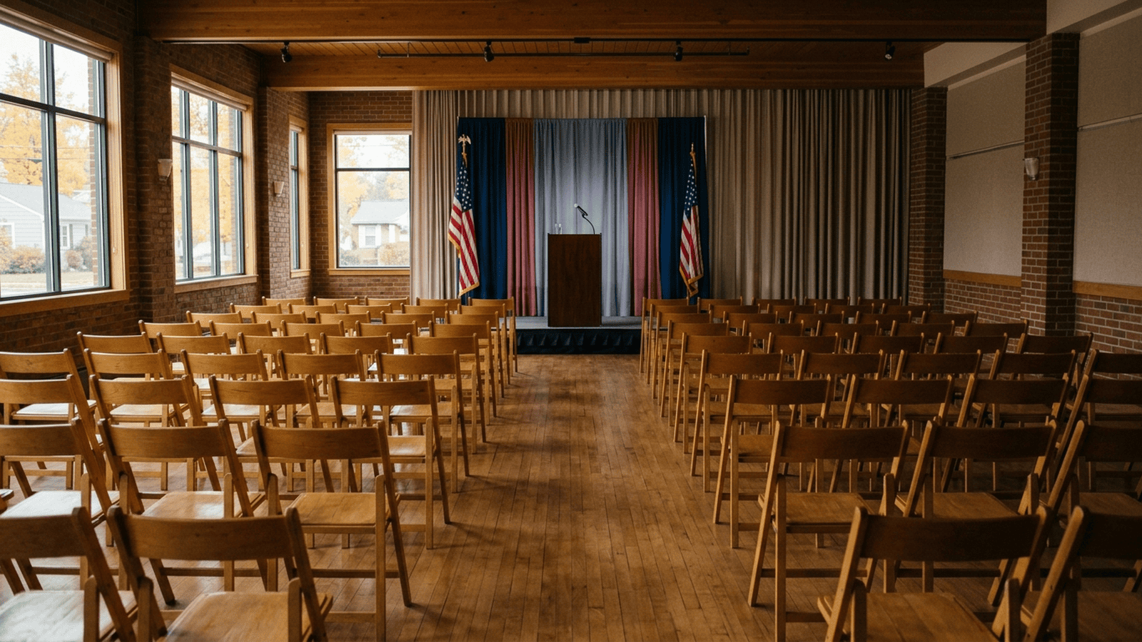 9fb5b239b050ef499a870e959fc2943455edad8918d500b3f227aa52c398c574 An empty suburban meeting hall prepared for a political campaign event.