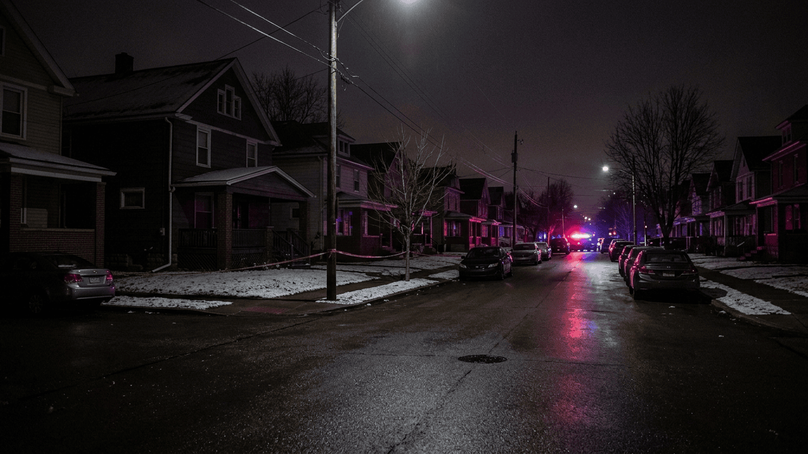 A quiet residential street at night with a home and distant emergency lights.