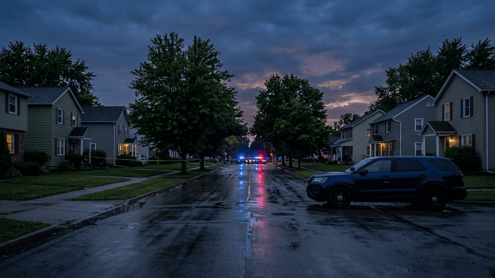 A quiet residential street in Erie at dusk with an unmarked police vehicle in the distance.