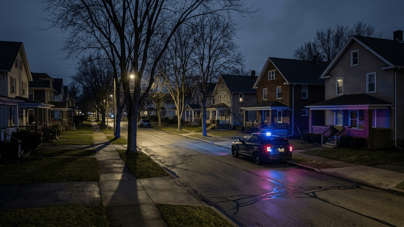An unmarked police vehicle is parked on a quiet Erie residential street at night.