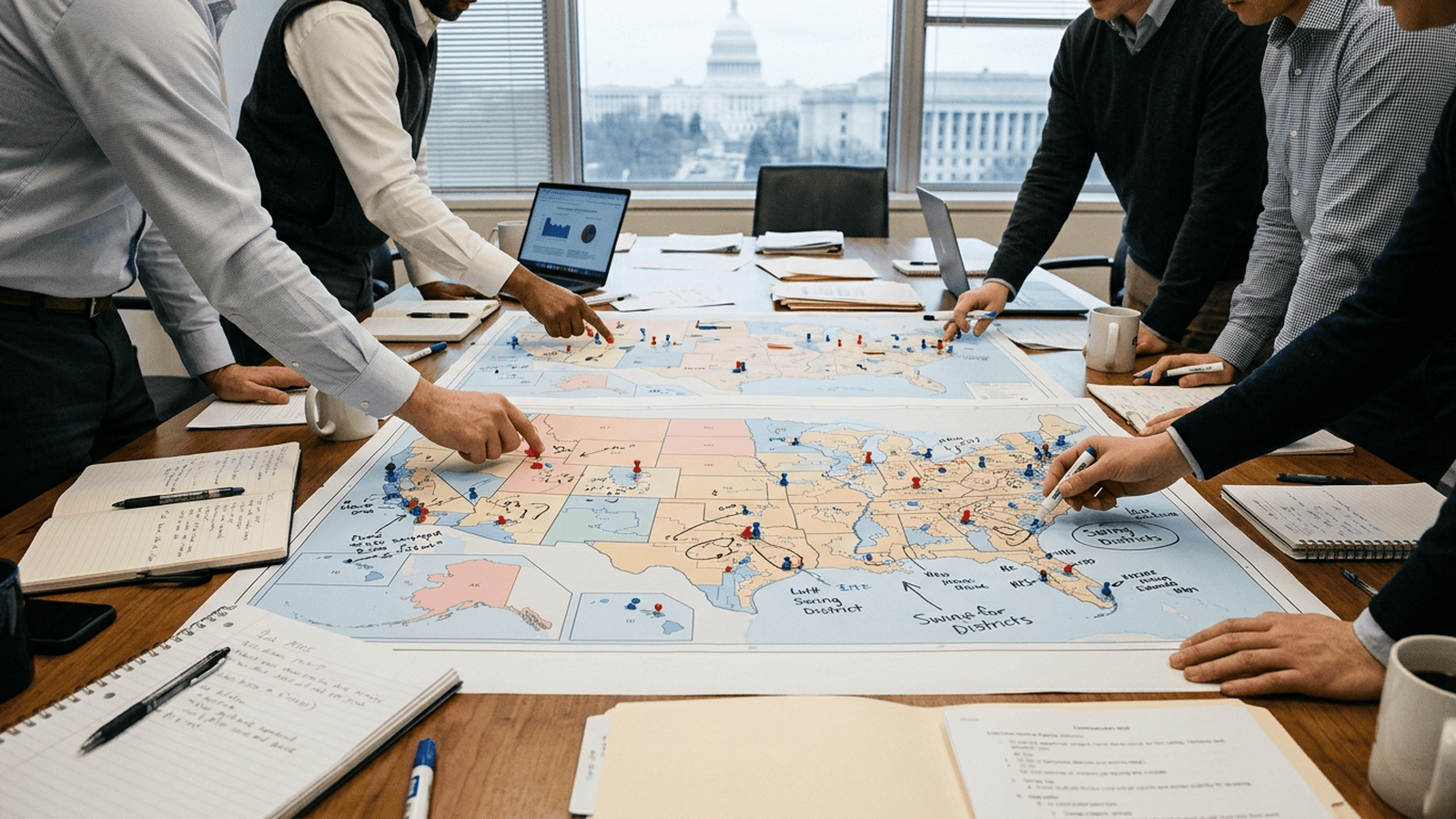 A congressional district map with several regions marked on a campaign planning table.