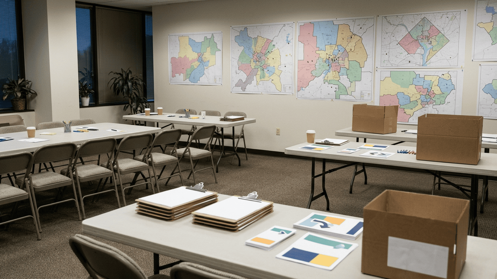 A campaign office displays a map of congressional districts and empty chairs ahead of the midterm election.