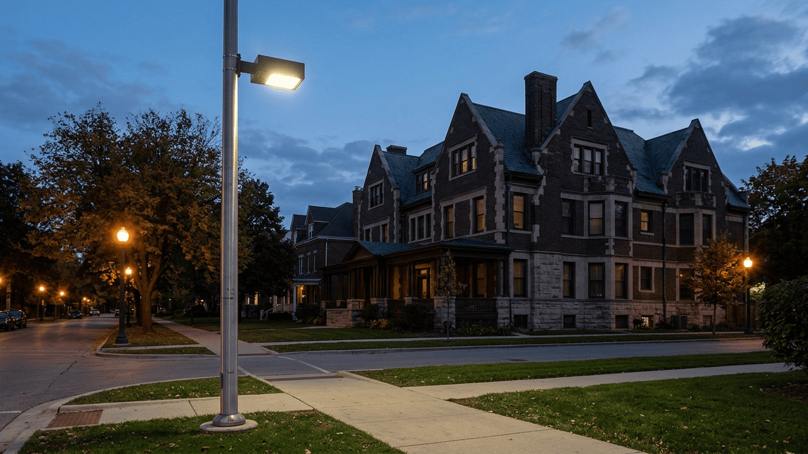 A quiet sidewalk near a fraternity house and university buildings in Hyde Park at dusk.
