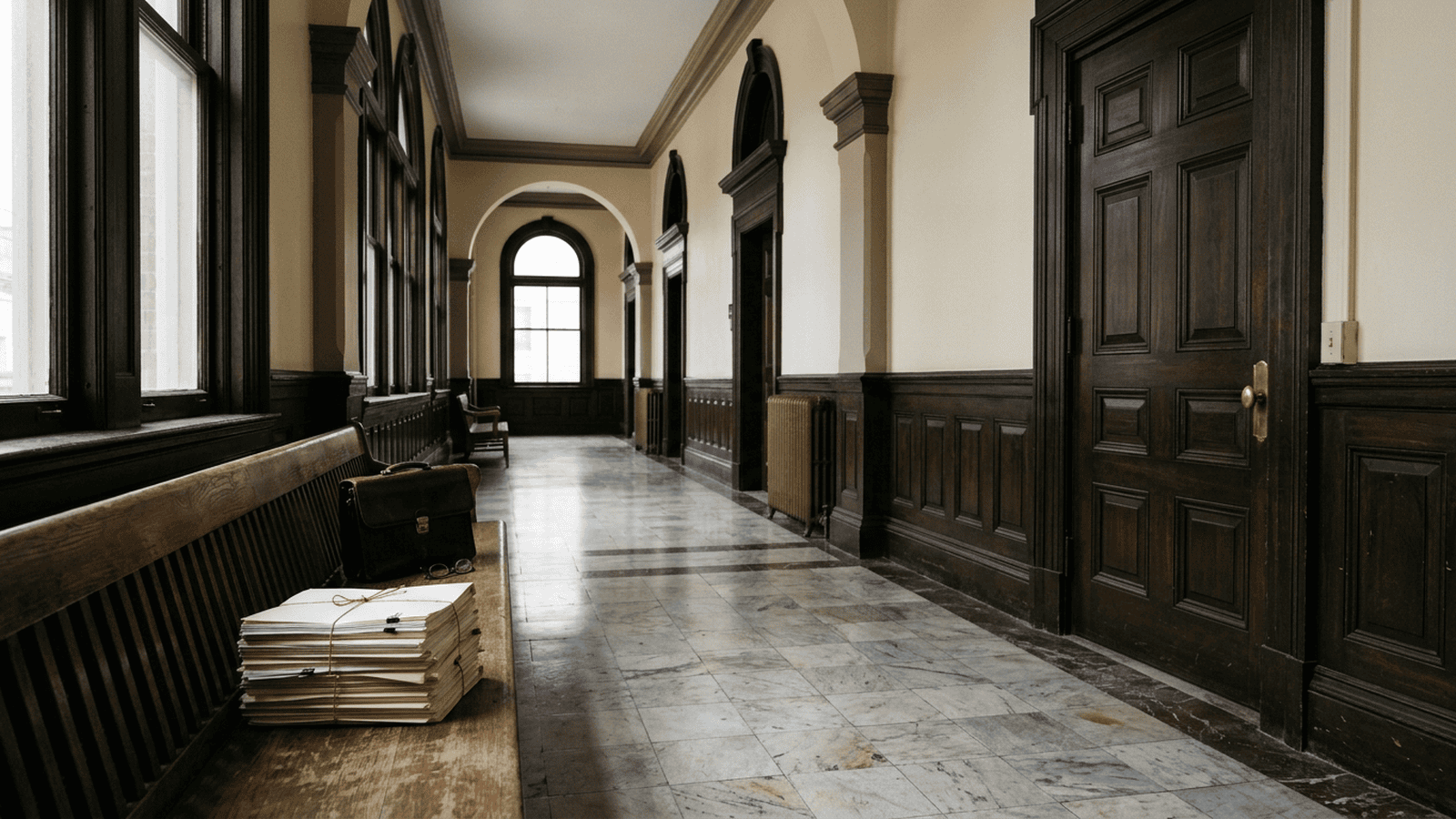 An empty courthouse corridor with legal papers on a bench represents the Kentucky defamation lawsuit filed by Eric Deters.