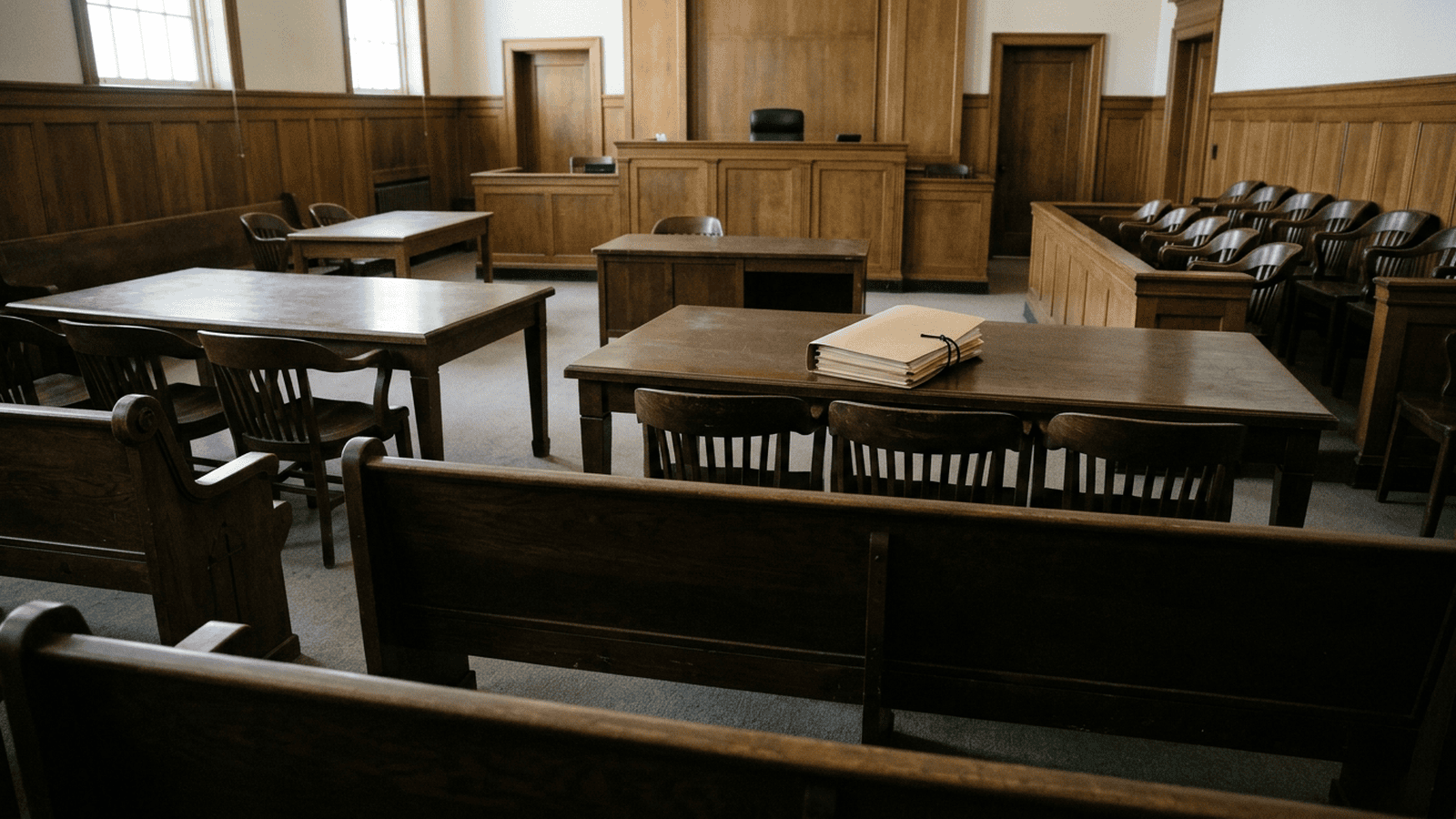 An empty courtroom with counsel tables and a closed case file.