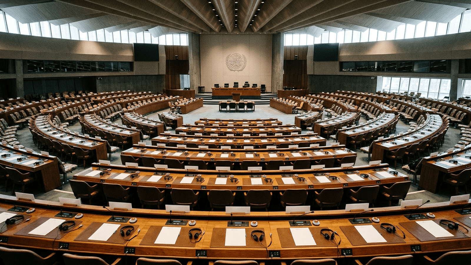 The United Nations General Assembly chamber is arranged for a session on the U.S. embargo against Cuba.