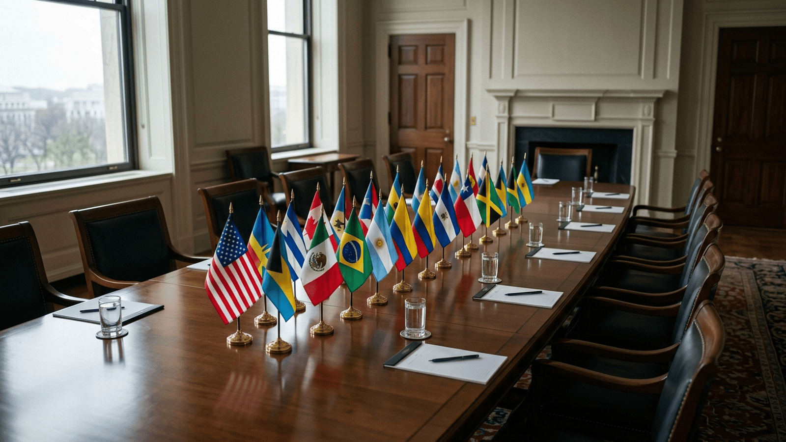Flags representing the United States and Latin American and Caribbean countries stand around an empty diplomatic conference table.