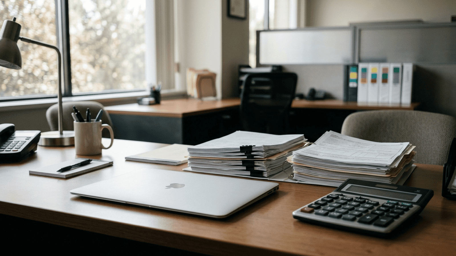 Insurance claim papers and a calculator sit on a desk in a medical billing office.