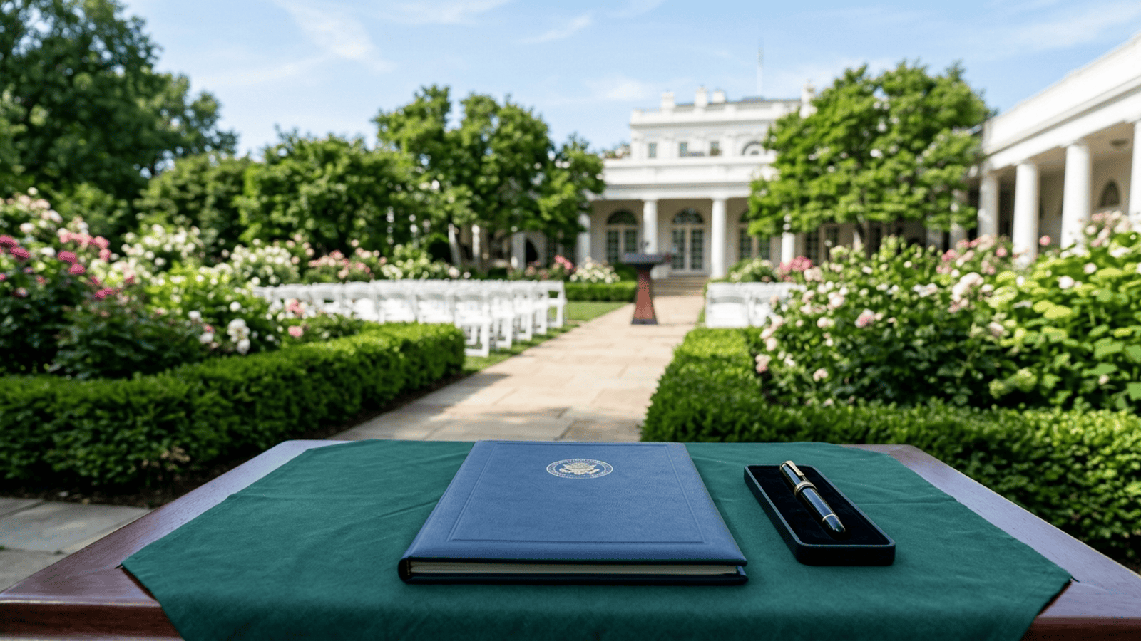 A signing table and document folder stand in the White House Rose Garden.