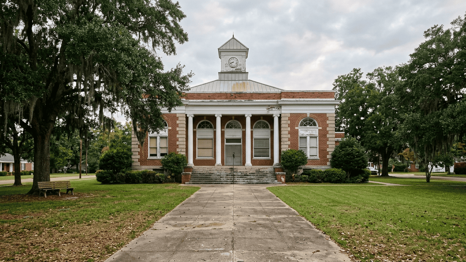 b090531192a680bf51752136454134f4525492348b7c260f604e8d2019038a59 A small-town courthouse stands in quiet daylight beside an empty walkway.