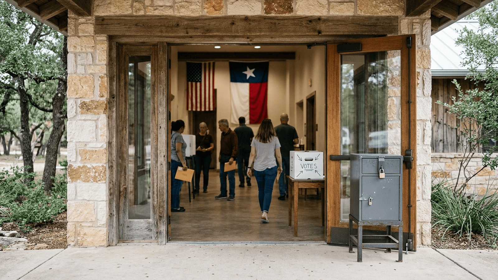 An unmarked ballot box sits near the entrance of a Texas polling place.