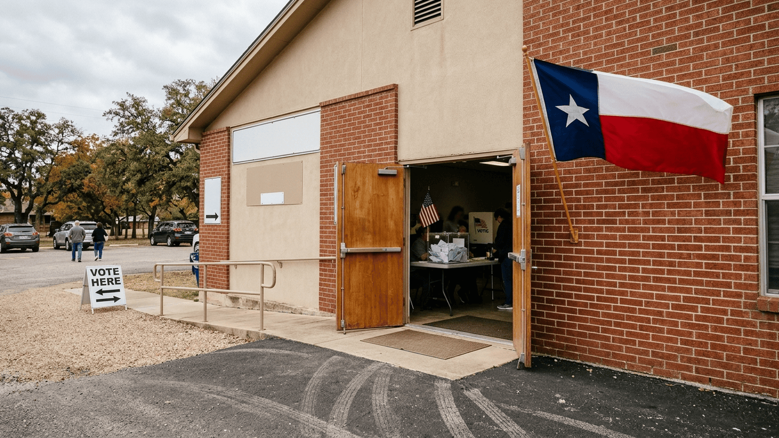An empty Texas polling place with a ballot box and a Texas flag near the entrance.