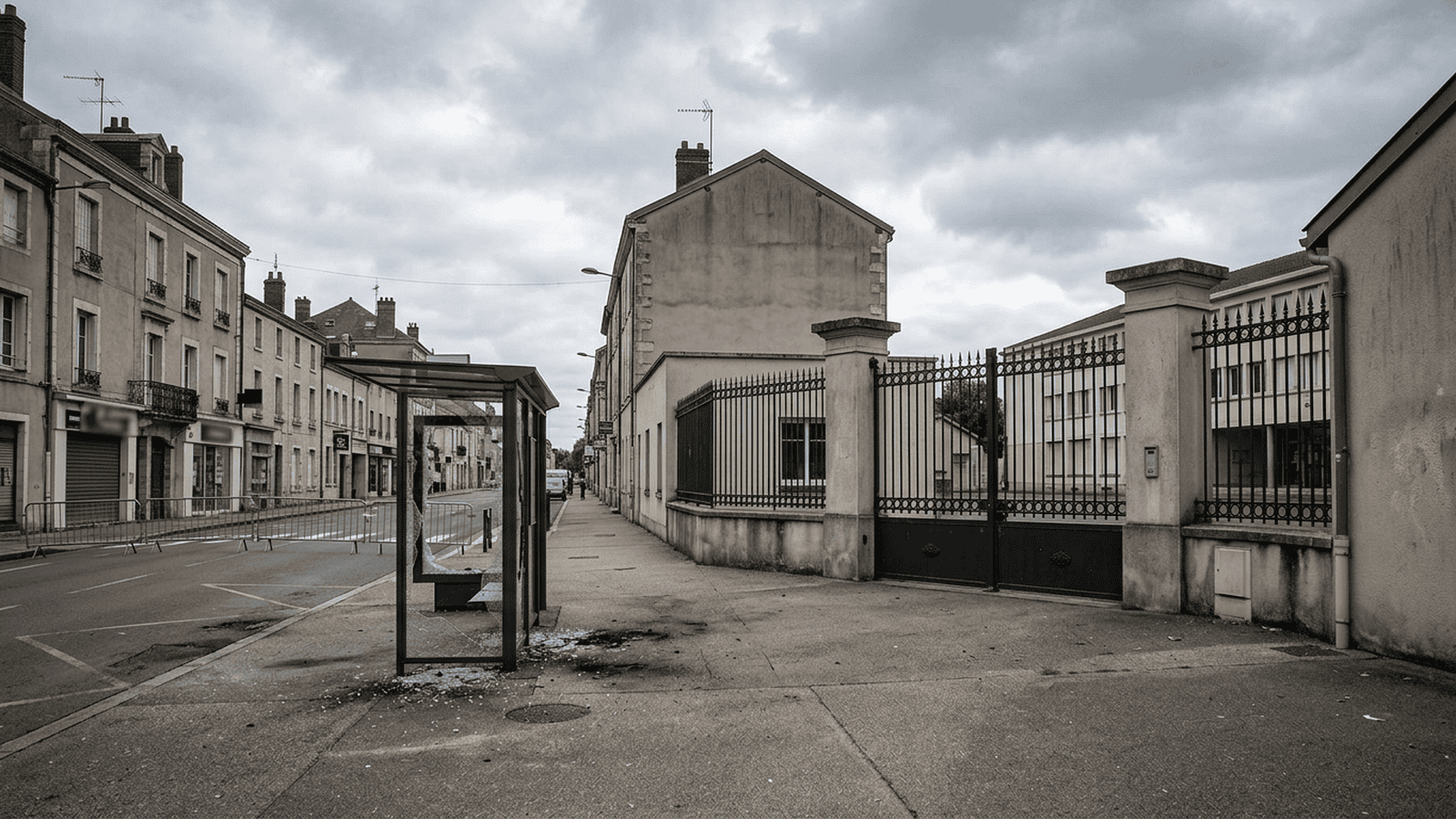 A closed school entrance and damaged bus shelter reflect disruptions during protests in France.