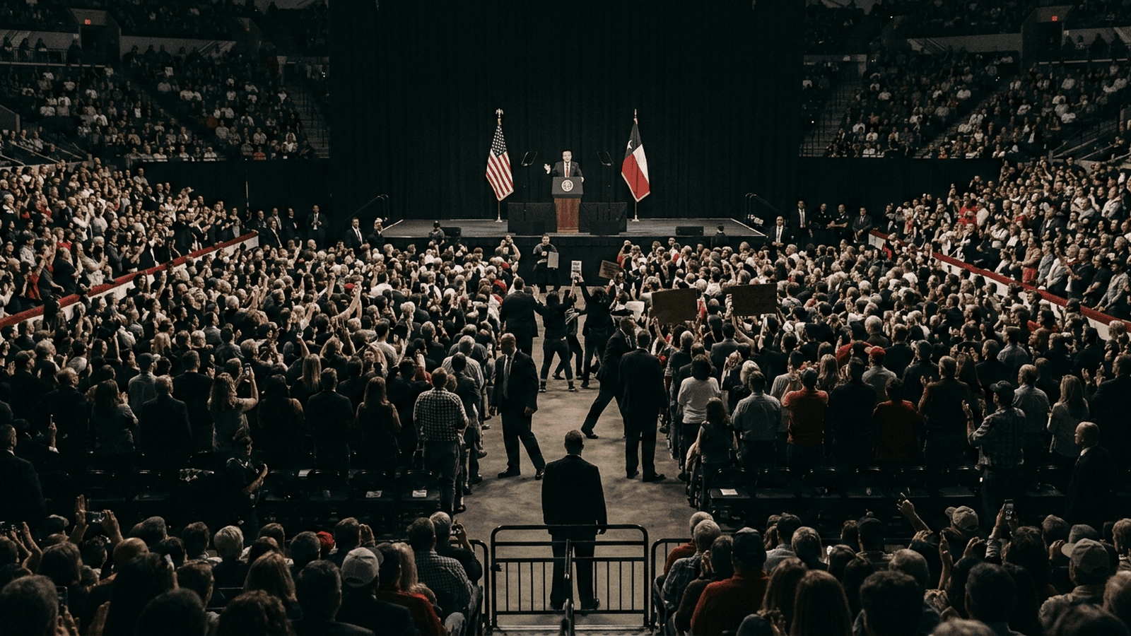 A packed indoor arena in San Antonio during a political rally, with a stage and security staff visible in the distance.