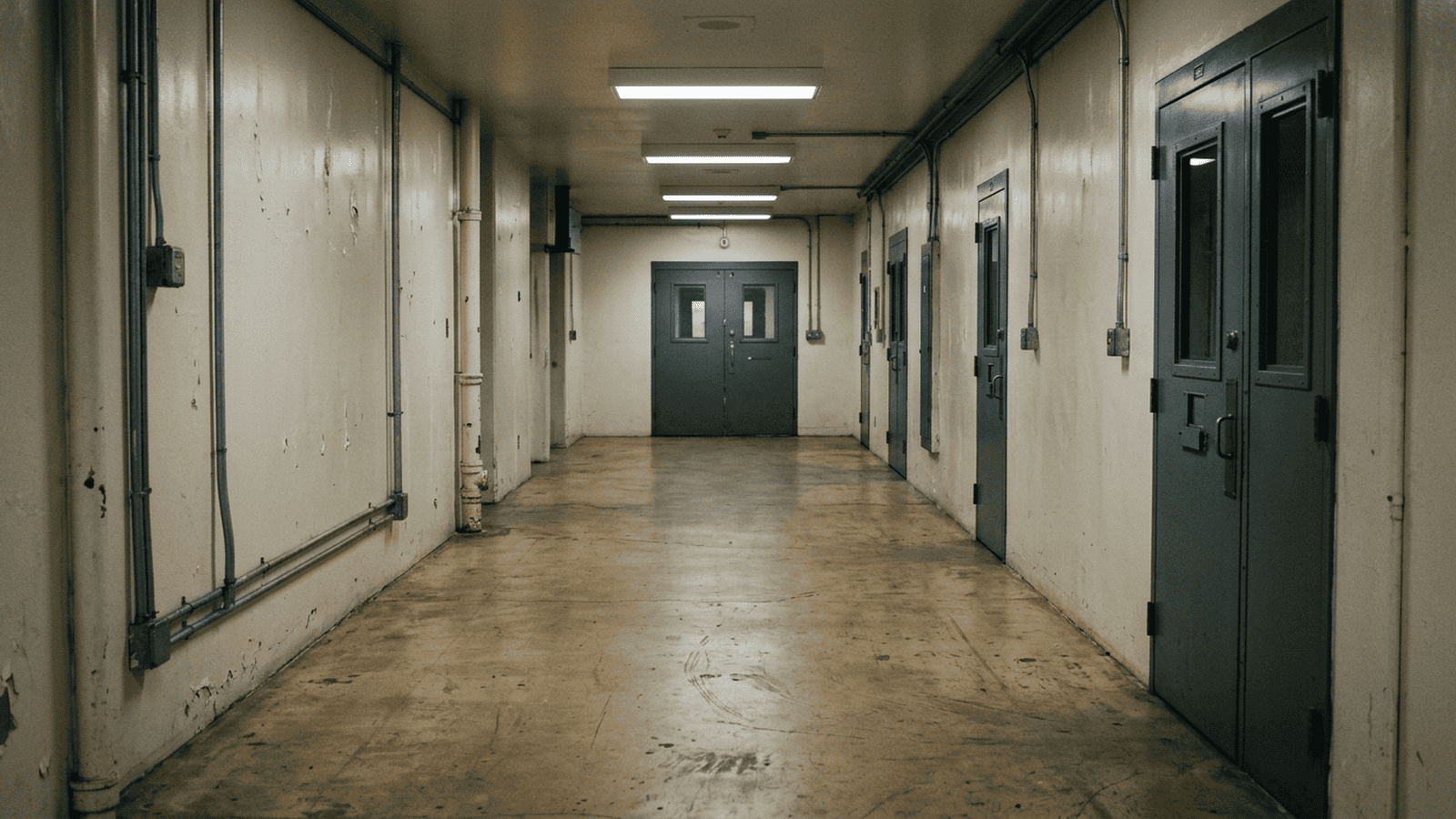 An empty institutional corridor with a closed secure door.