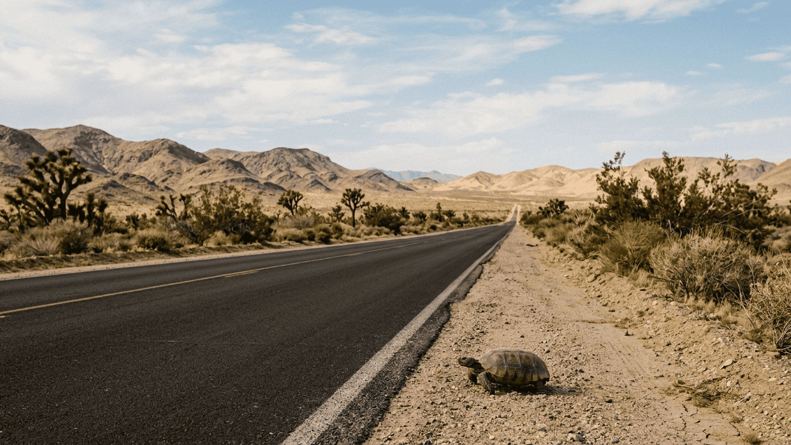 A desert tortoise sits beside a road in the Mojave National Preserve.