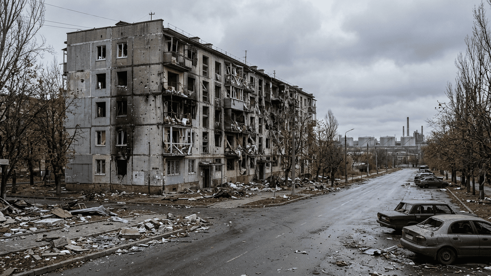 A damaged residential building in Zaporizhzhia stands beside a debris-strewn street.