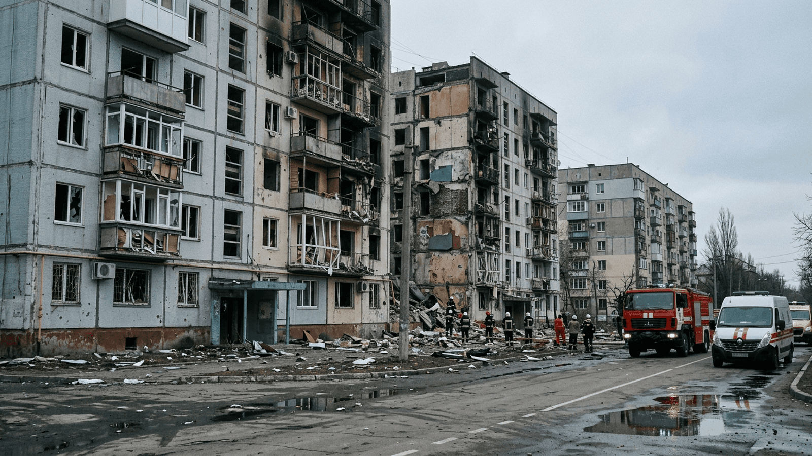Damaged residential buildings stand along a street in Zaporizhzhia after reported Russian aerial strikes.
