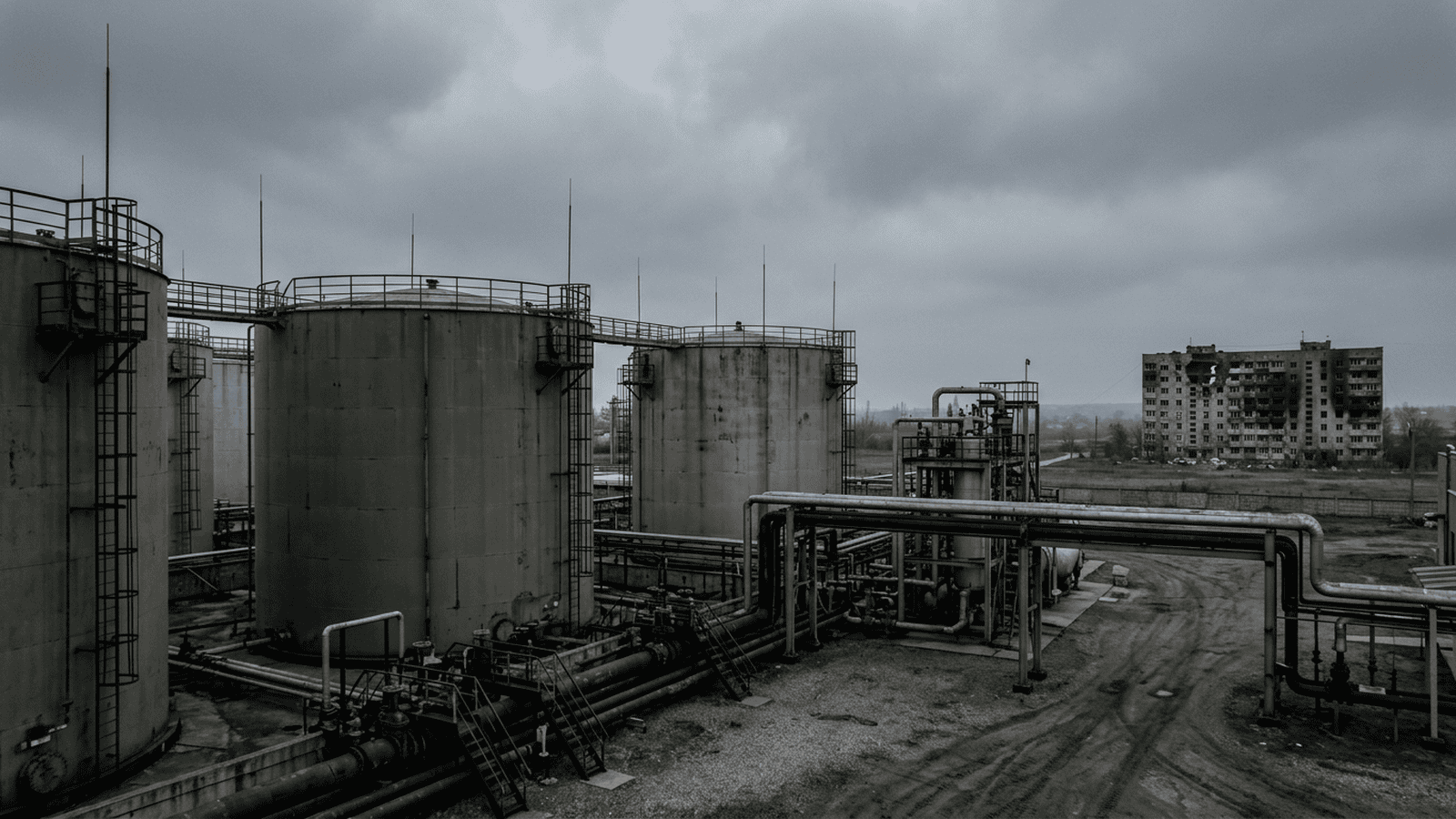 Diesel storage tanks and refinery equipment stand beneath a gray sky with a damaged building faintly visible in the distance.