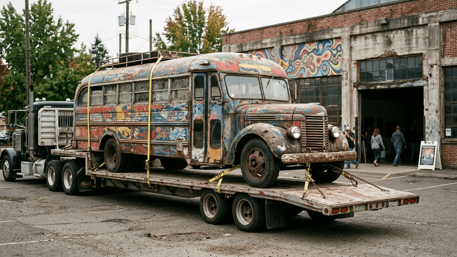 The weathered Furthur bus rests on a flatbed truck after its first journey in more than 50 years.