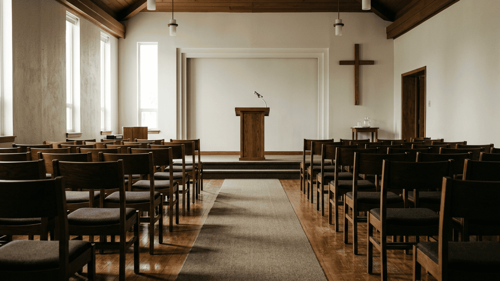 An empty church hall with a lectern and microphone arranged for a community gathering.
