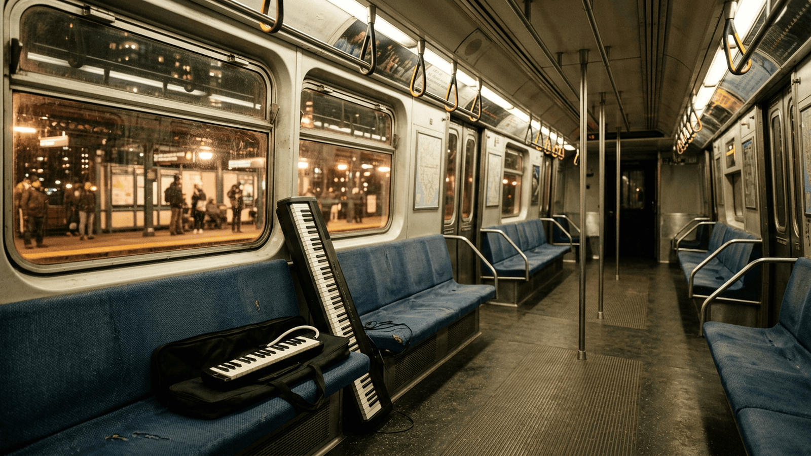 An empty New York City subway car with a piano keyboard and melodica representing Jon Batiste’s music.