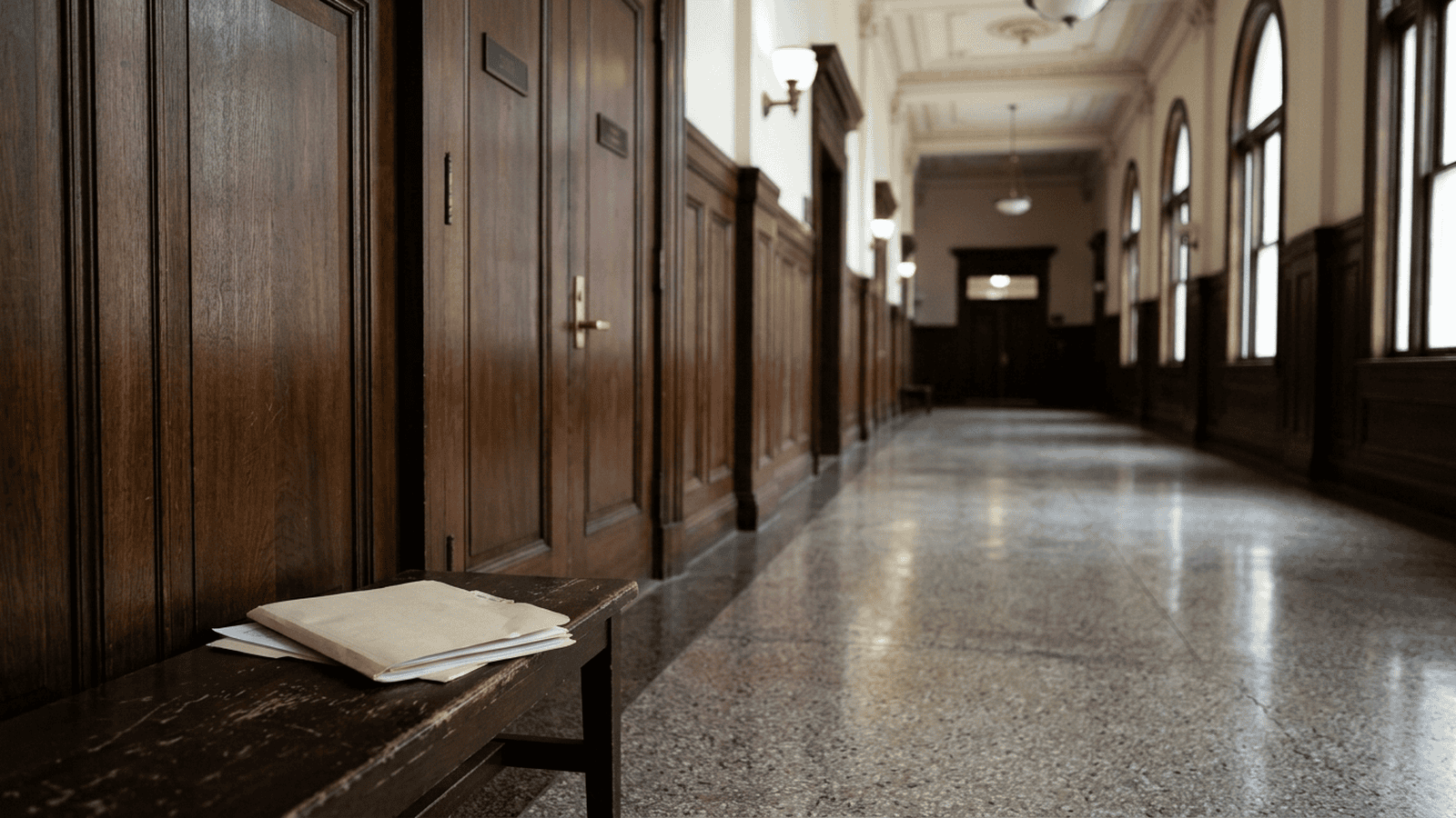 An empty courthouse corridor with closed courtroom doors and a folder on a bench.