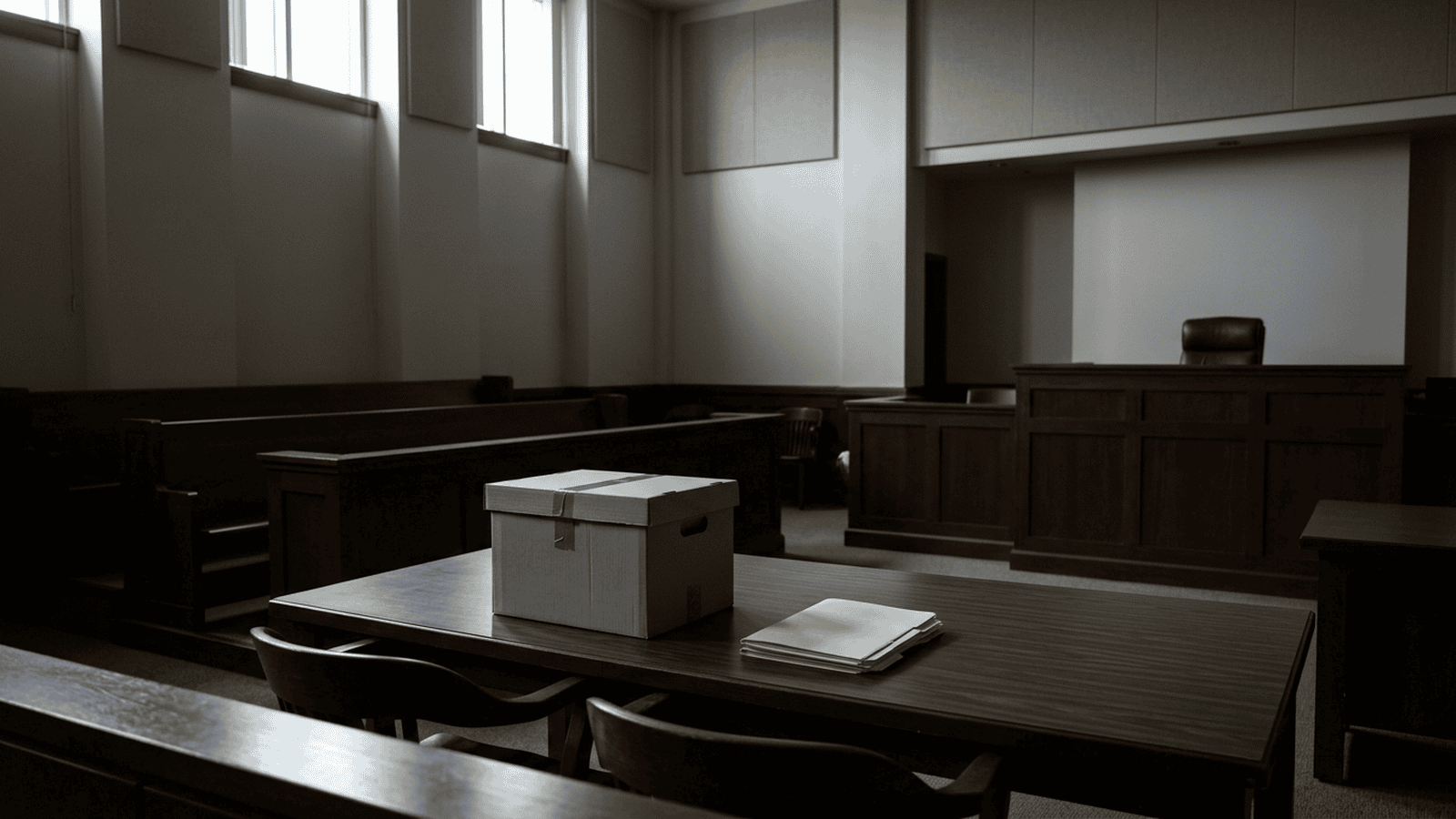 An empty courtroom table holds a sealed evidence box and folders under soft natural light.