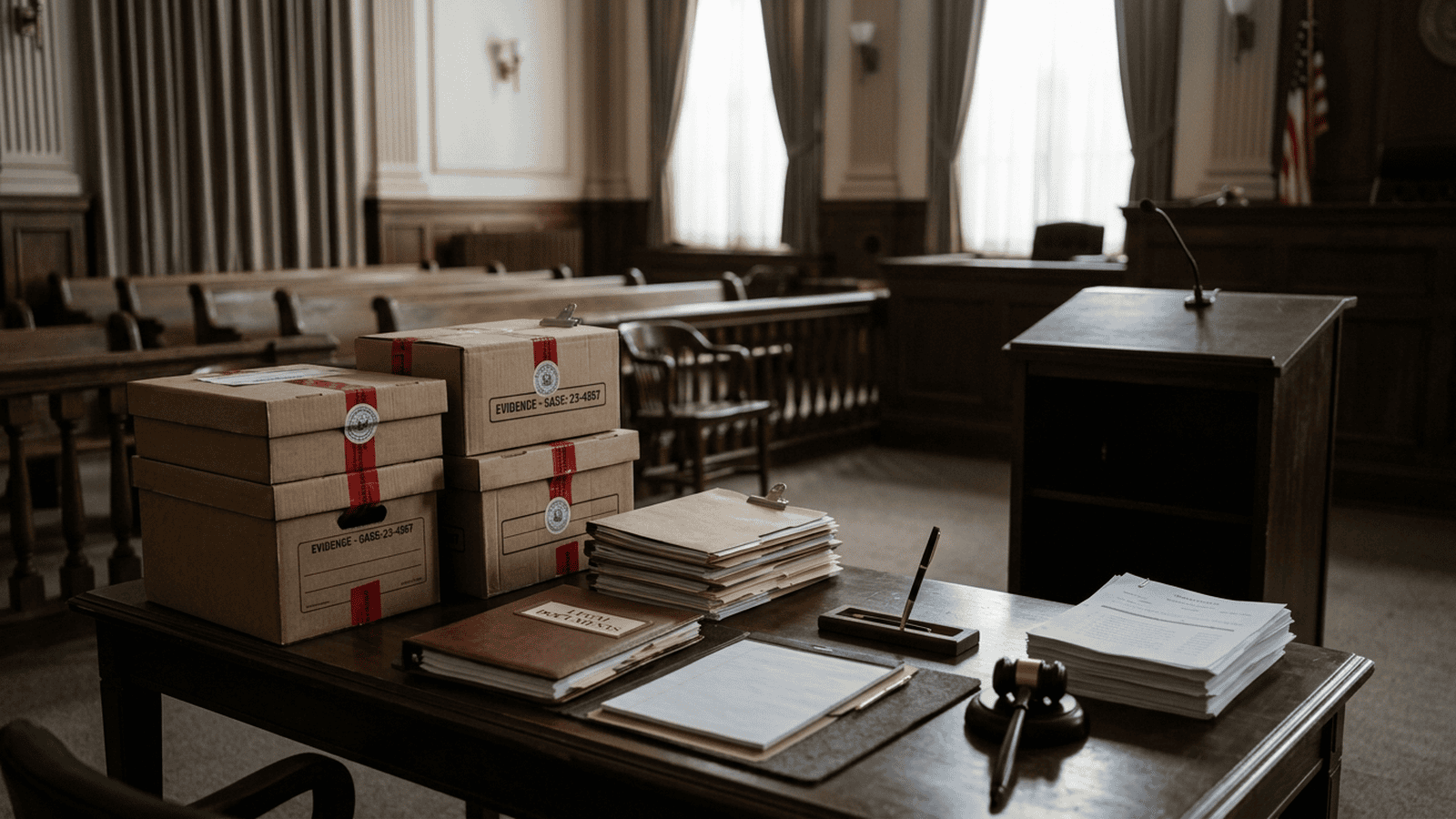 ca14dee40b710fd9d5fdc6bff682c2f850d5eb474a1418f83bf5ecd78bd05a0d Evidence boxes and document folders sit on a table in an empty courtroom.