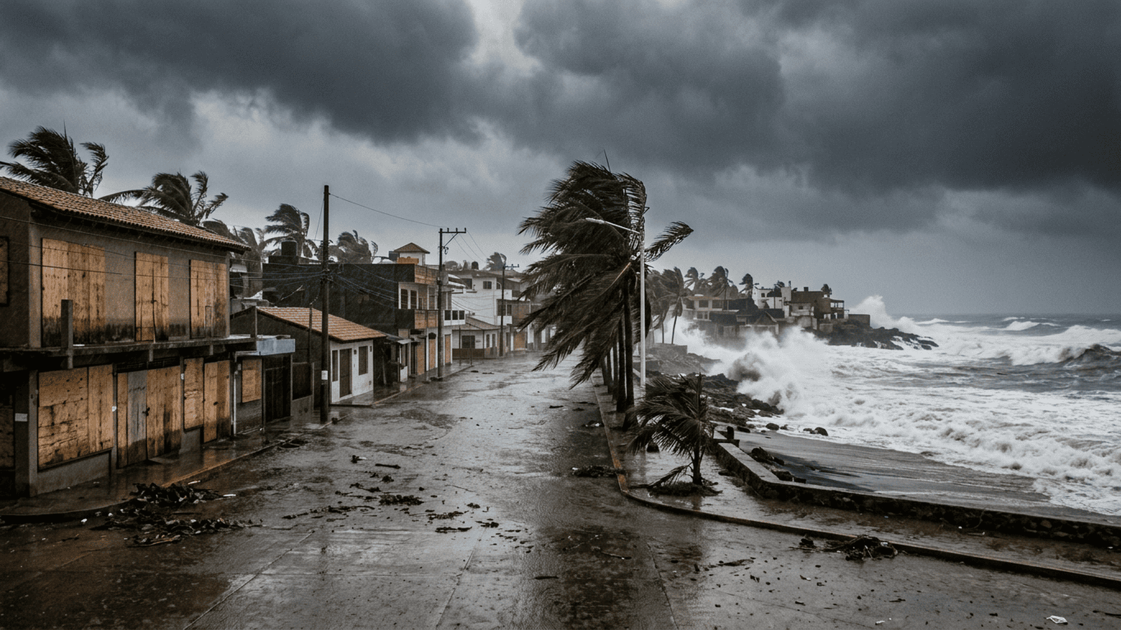 cadb3dcbd5f7d12ec21378226abce3d2bf8a85fefce51bb8d42555ddf1162f9e A Mexican Pacific coastal street has boarded storefronts beneath dark hurricane clouds.