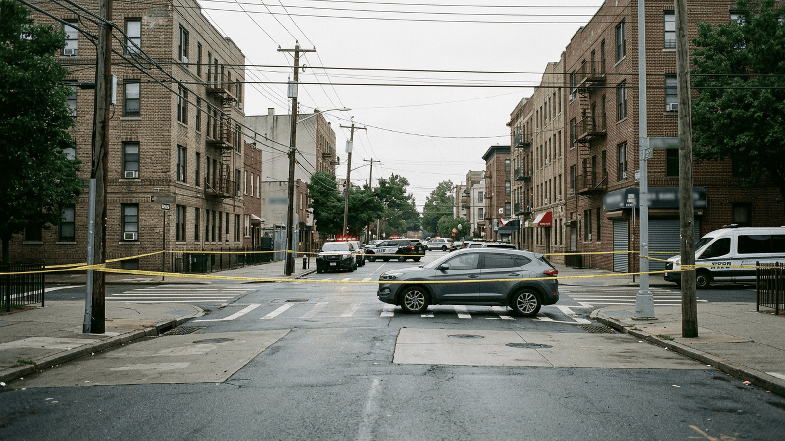 A gray vehicle and law-enforcement vehicles are visible on a Marble Hill street after a reported shooting.