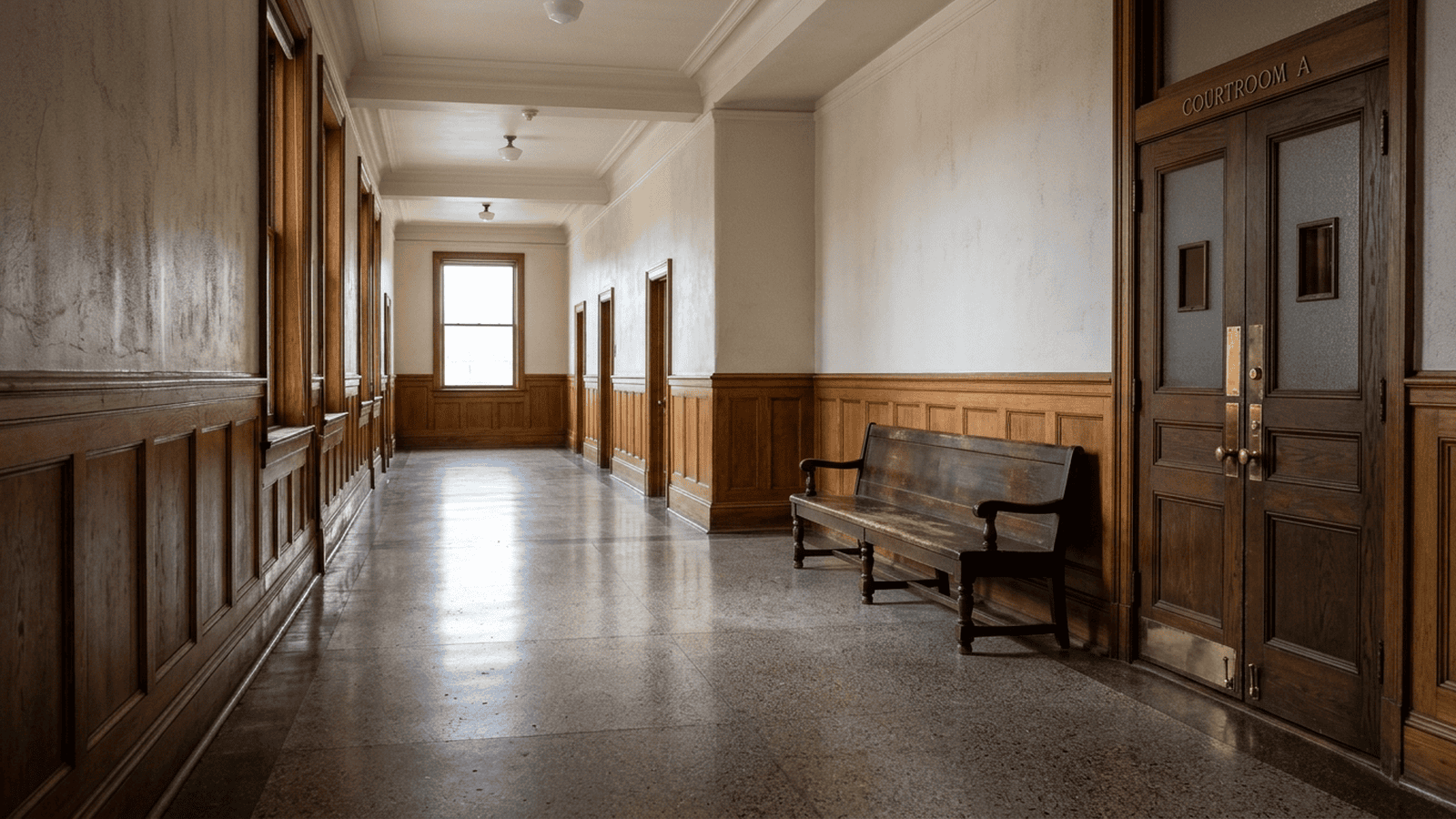 An empty courthouse hallway with closed courtroom doors in Idaho.
