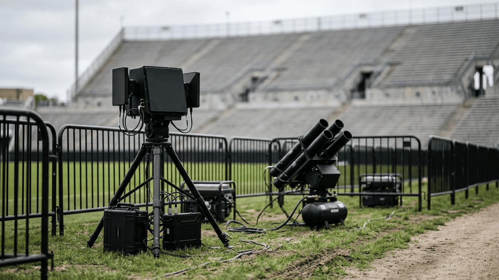 A radar unit and net-equipped counter-drone device stand near a stadium perimeter.