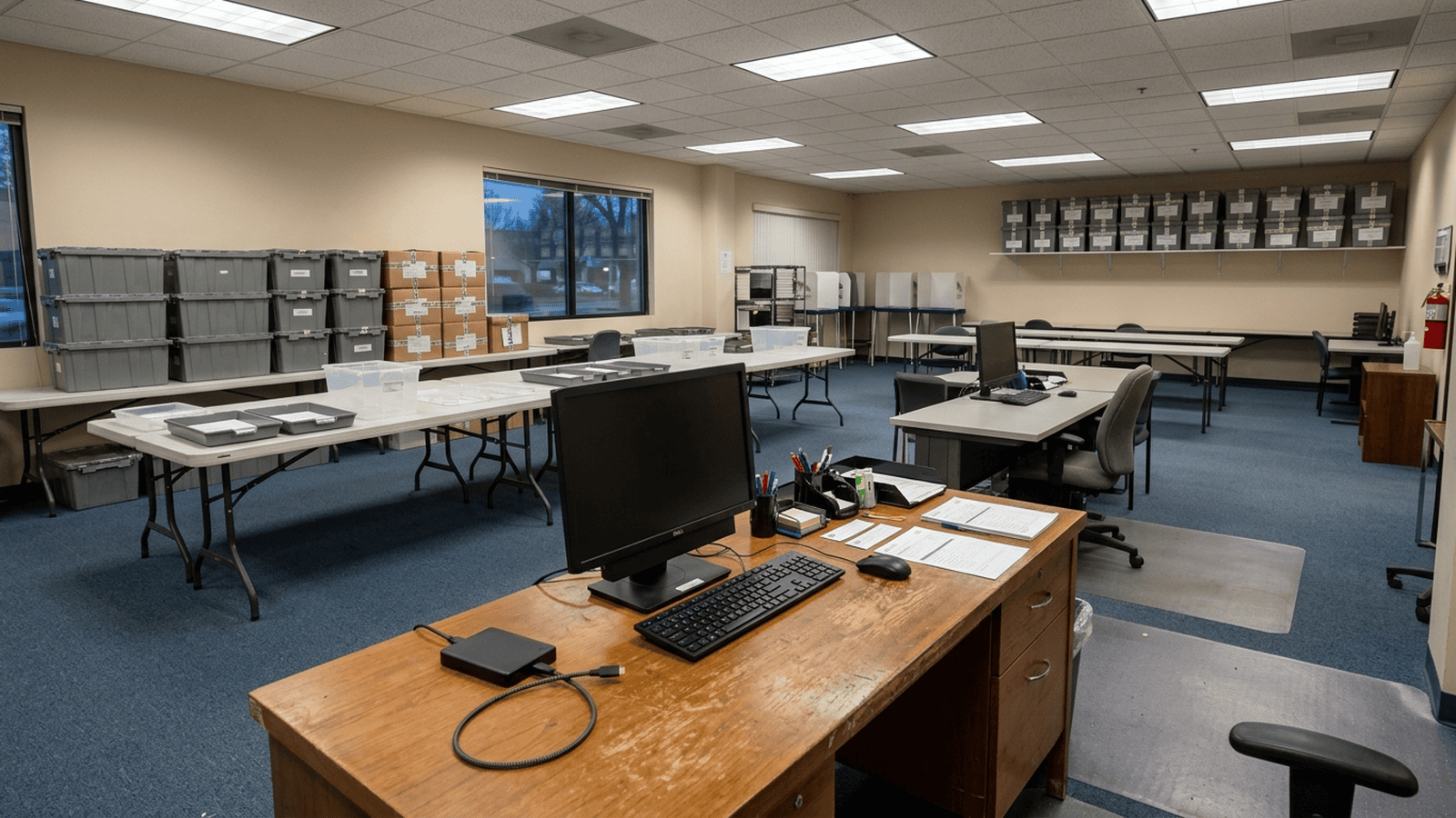 An empty election office with ballot storage boxes, a computer workstation, and an external drive on a desk.