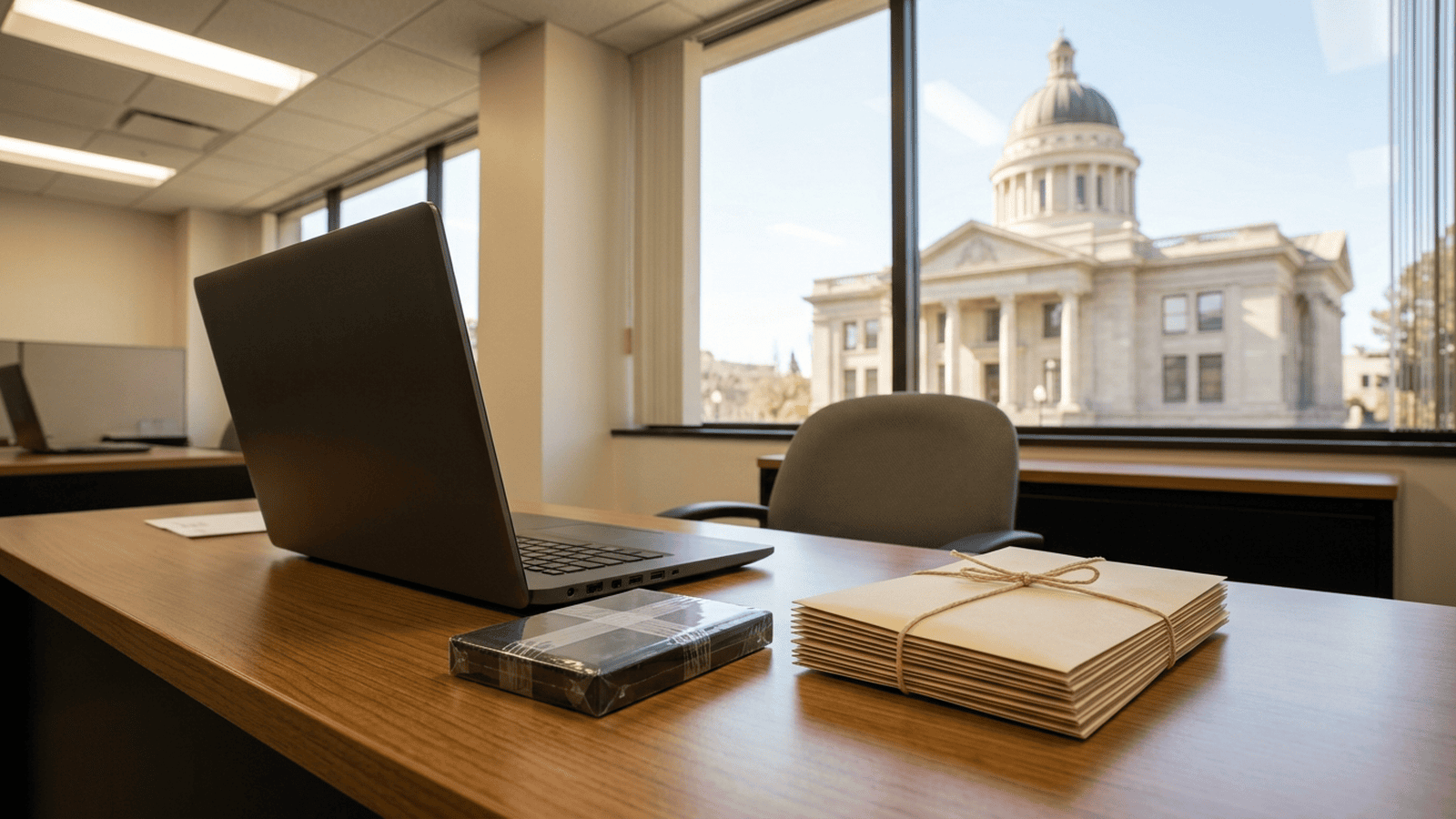 cf67d315afa4259fb4f36bad6f7f819760e9885b1ae4095992518baa5e4e499e A sealed data device and ballot envelopes sit on a desk in an election office with a courthouse in the background.
