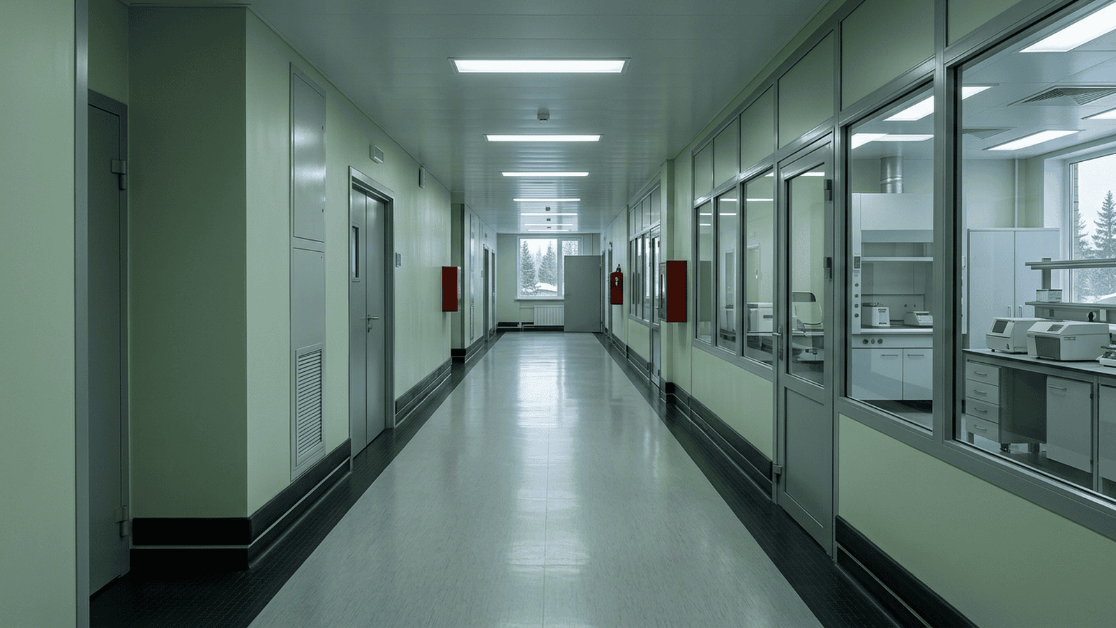 An empty laboratory corridor with equipment visible behind glass doors.