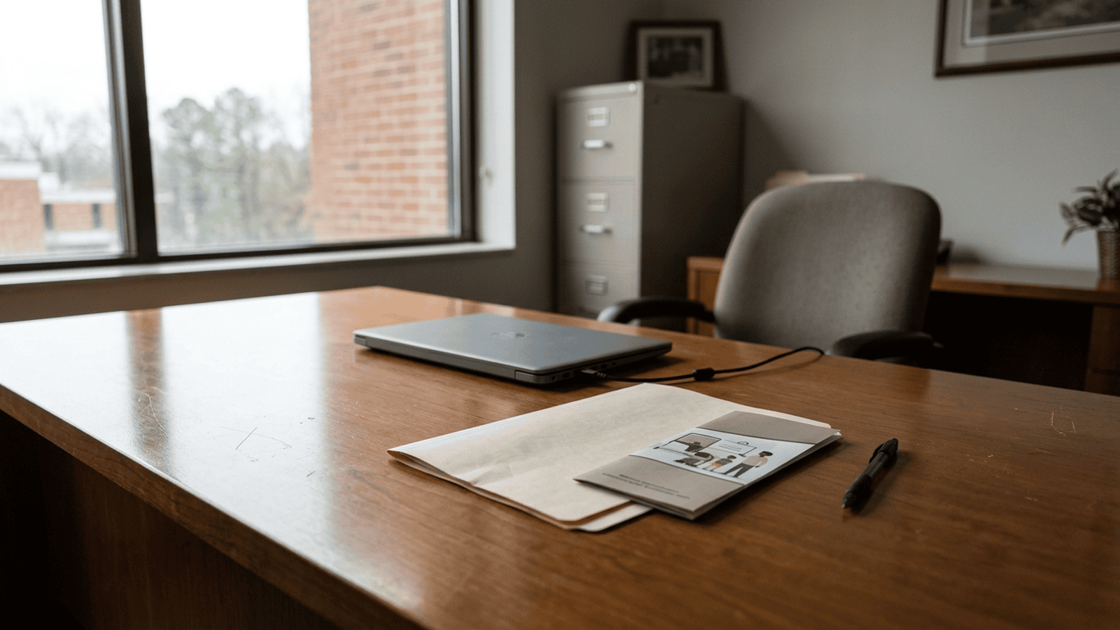 An empty office desk holds a closed laptop, a folder, and a Medicaid information brochure.