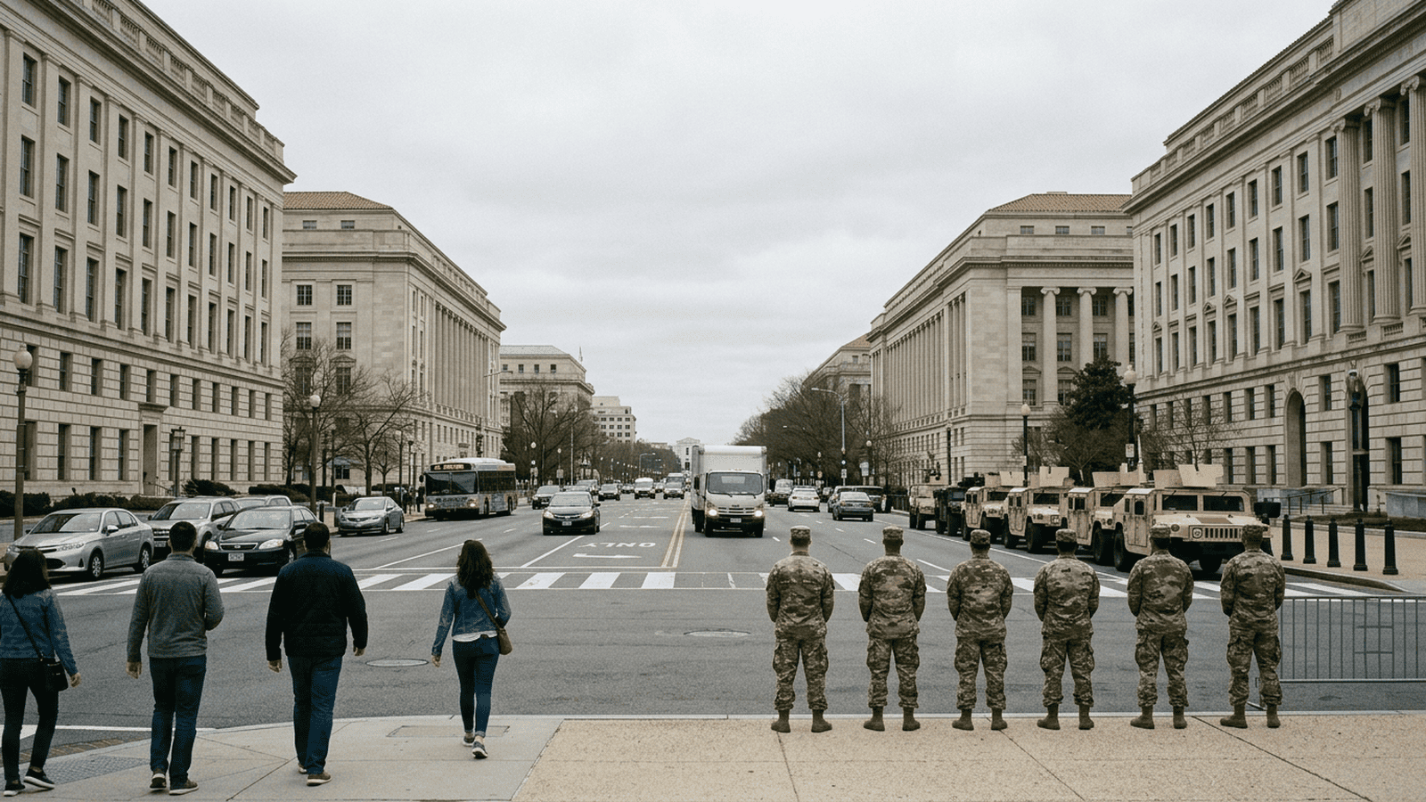 National Guard members stand on a Washington street near federal buildings.
