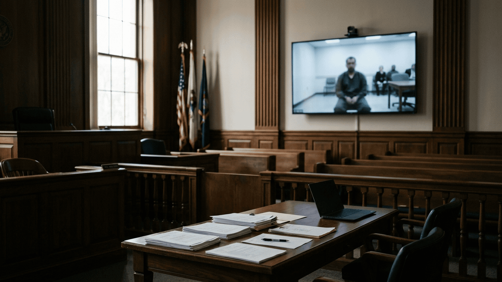 An empty immigration courtroom with a video-conference screen and documents on a table.